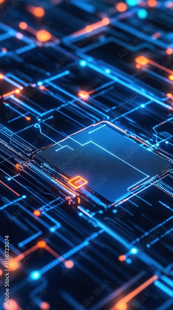 Poster abstract digital circuit board with glowing blue and orange lines, technology background for future 