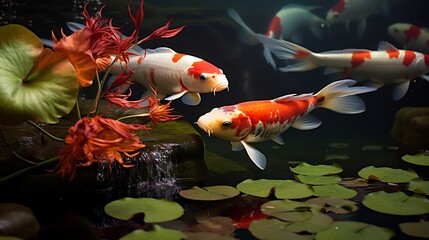 Koi Fish Swimming Gracefully Amidst Submerged Rocks and Vibrant Aquatic Plants in a Tranquil Natural Pond Setting