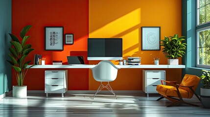Fototapeta premium flat design, Split scene of an office desk and home desk