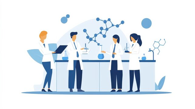 Team of Scientists Collaborating in Laboratory Setting, Engaged in Research with Beakers and Molecules, Showcasing Scientific Innovation and Teamwork in Modern Science Environment