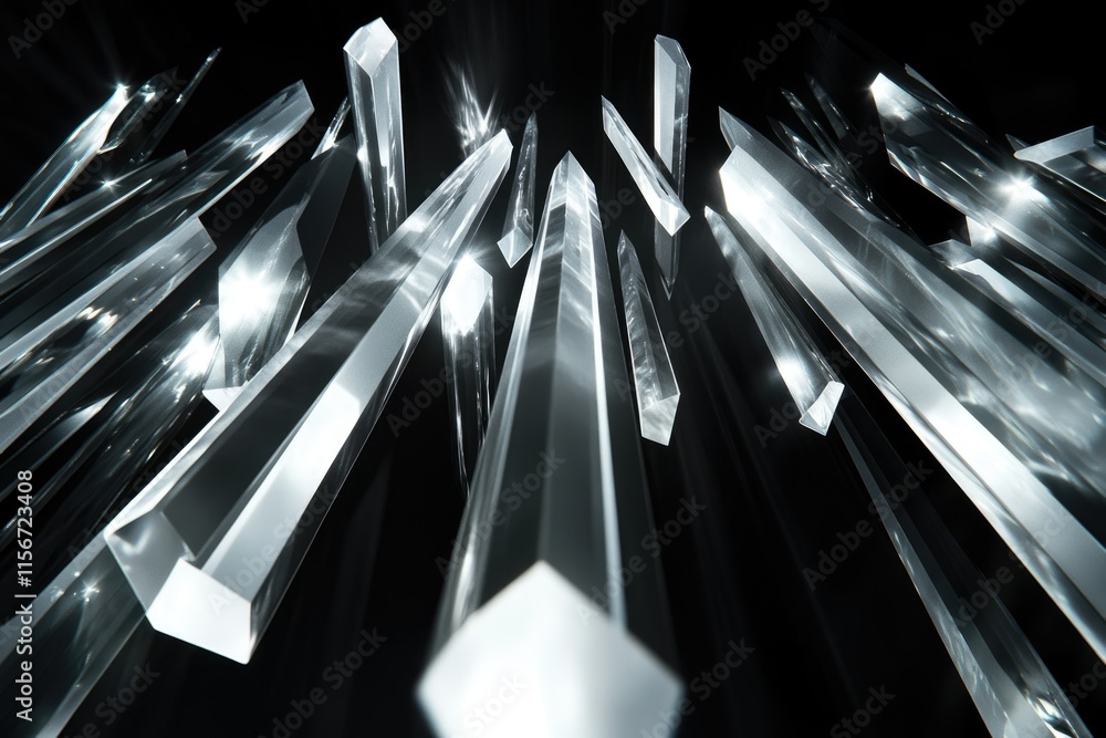Poster a captivating image of numerous gleaming, translucent hexagonal prisms ascending against a stark bla