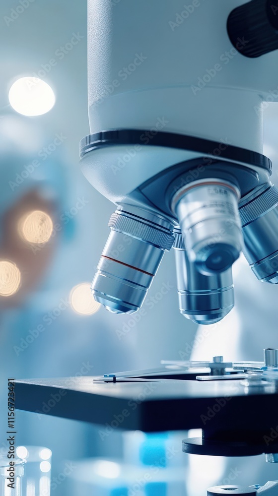 Poster close-up of a modern microscope with lenses and sample stage in a bright laboratory environment for 