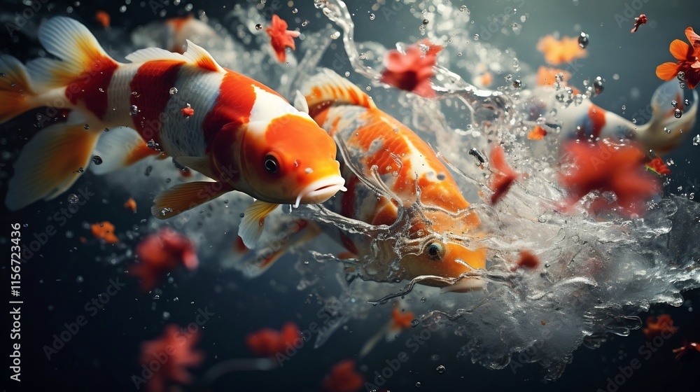 Poster elegant and colorful koi fish swimming gracefully in a tranquil pond with water splashes and bubbles