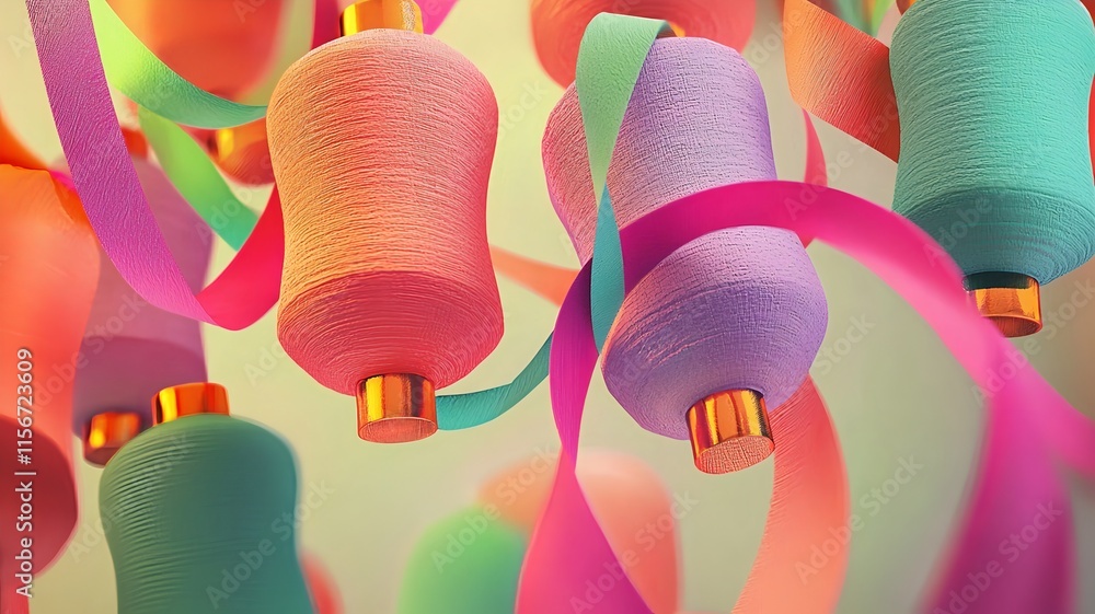 Poster glowing lanterns and swirling ribbons floating on a clean white background creating a modern text fr