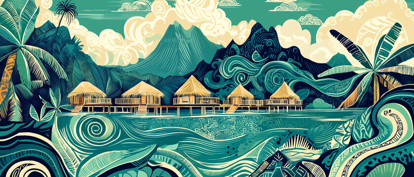 Polynesian Art Style Illustration of Bora Bora