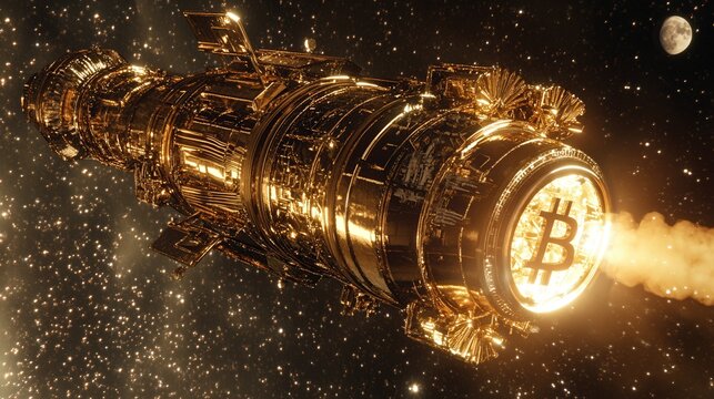 Golden spaceship traveling through space with Bitcoin symbol glowing in the dark universe at night