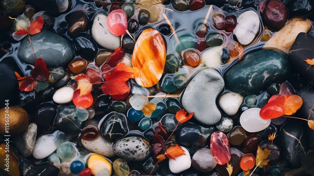 Poster captivating close up of a majestic koi fish swimming amidst a bed of multicolored pebbles at the ser