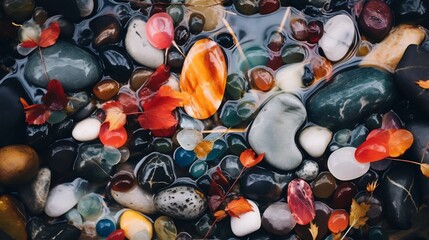 Captivating close up of a majestic koi fish swimming amidst a bed of multicolored pebbles at the serene bottom of a shallow pond creating a mesmerizing and harmonious natural scene