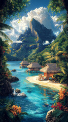 Fototapeta premium Polynesian Art Style Illustration of Bora Bora