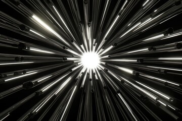 Glowing metallic tubes converge towards a bright center, creating a dynamic, radiating effect.