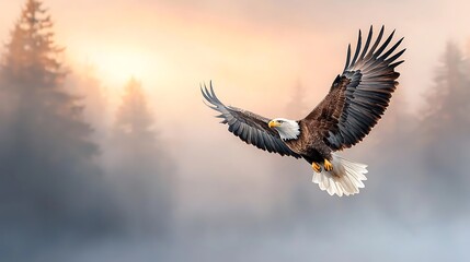 Majestic eagle soars above misty forest watercolor animal art nature serene atmosphere