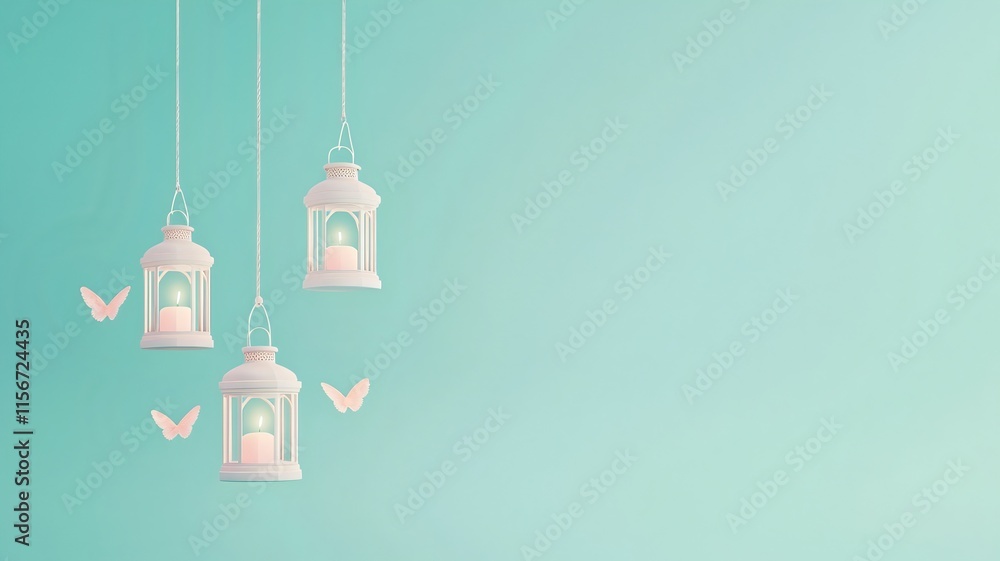 Poster elegant glowing lantern like orbs with abstract luminous trails against a serene minimalist gradient