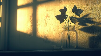 Sunlit Jar with Leaves Creating Shadows on Warm Wall Surface