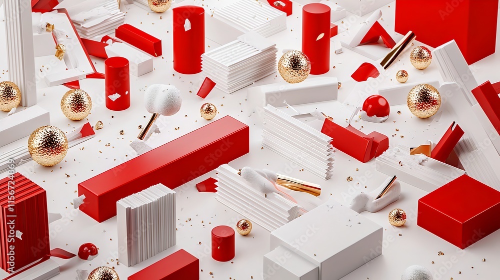 Poster elegant red and gold prosperity symbols such as chinese coins and lanterns arranged on a clean white