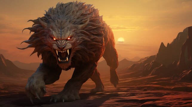 A fierce and powerful manticore a mythical creature with the body tail and claws of a lion and the head of a human prowling through a dramatic desert landscape at dusk