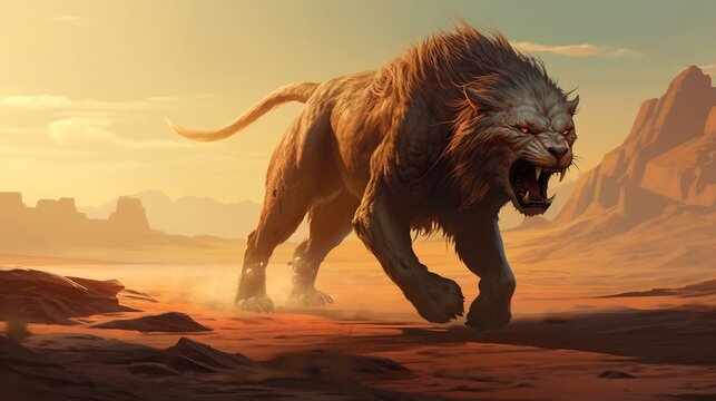 Fierce mythical manticore creature prowling through a desolate desert landscape at dusk with a rocky arid terrain and a darkening sky in the background