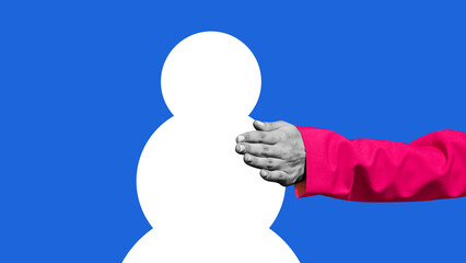 Contemporary art collage. Pink-sleeved hand reaches towards white snowman against vibrant blue background. Concept of winter season, holidays, festive mood. Minimalistic pop art style.