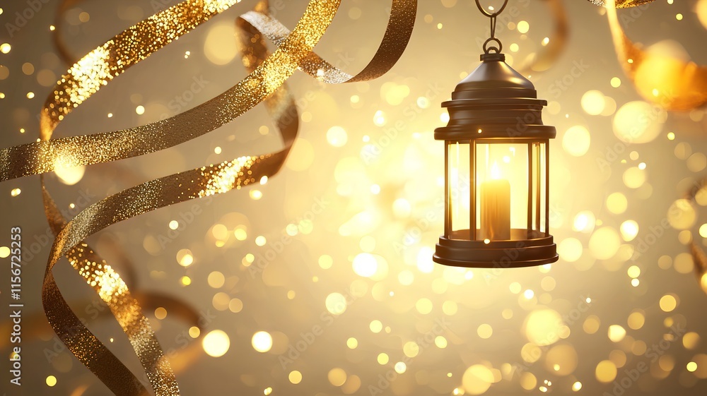 Aufkleber a captivating 3d featuring abstract swirling golden ribbons intertwined with glowing lanterns creati