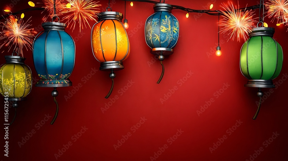 Aufkleber captivating 3d showcasing a striking display of colorful lanterns and fireworks creating dynamic mes