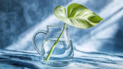 Simple Glass Jug with Leaf and Water Against Soft Blue Background