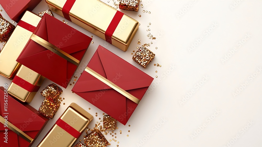 Poster elegant golden ingots and red lunar new year envelopes with glowing accents set against a clean mini