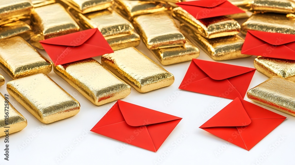 Poster glowing gold ingots and red envelopes with luminous accents set against a clean minimalist white bac