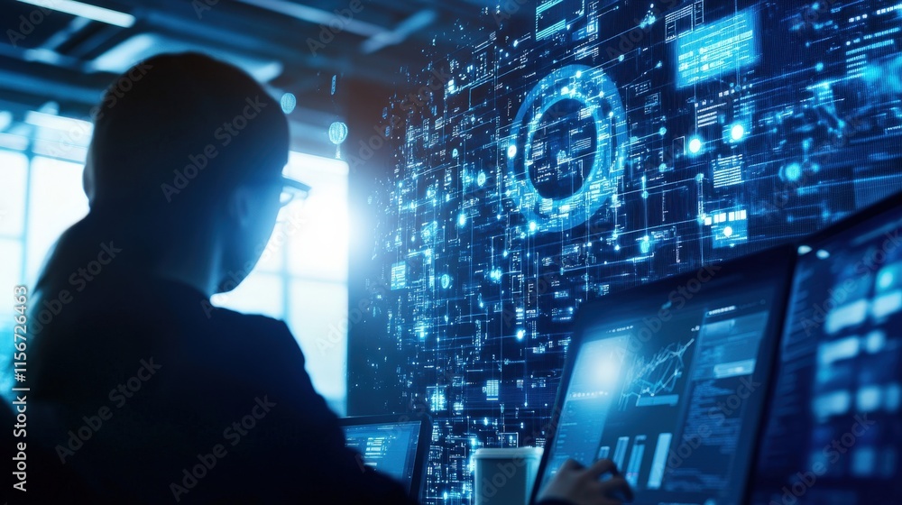 Poster professional woman analyzing data with digital interface projecting over her desk in modern office s