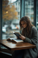 Fototapeta premium woman in cafe reading book on street rainy autumn
