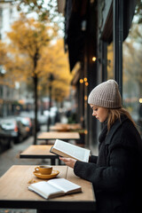 woman in cafe reading book on street rainy autumn