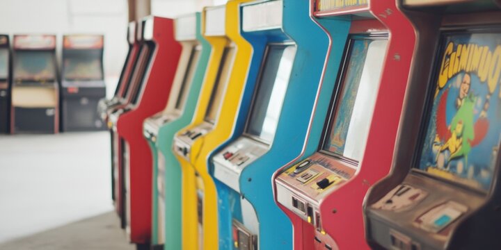 A vibrant collection of Colorful Arcade Cabinets situated within a Retro Gaming Hub