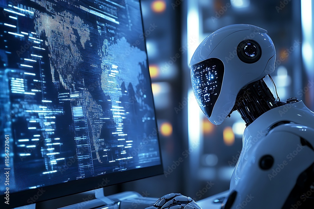 Poster ai robot working on global data. concept of artificial intelligence, global connectivity, and future