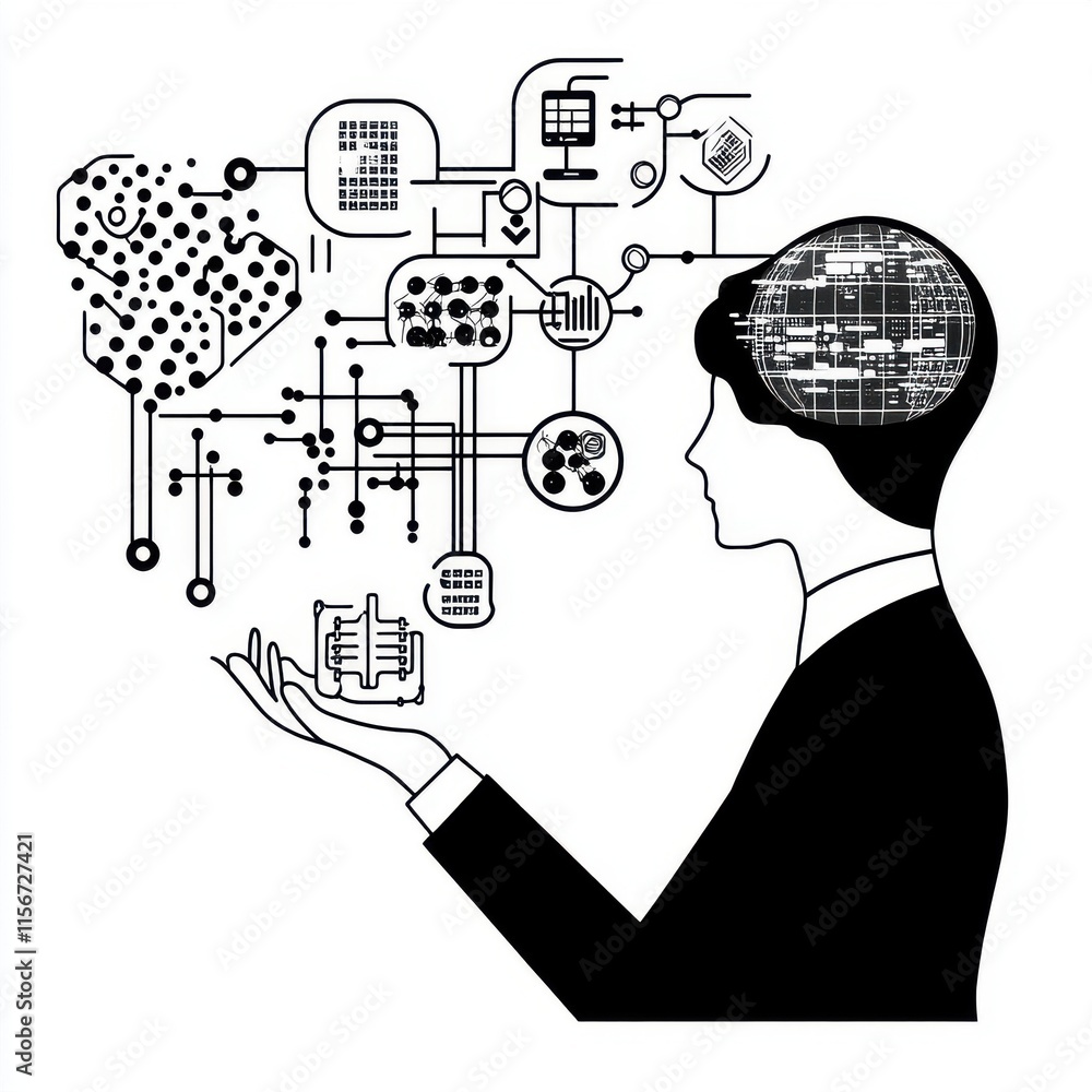 Poster a thoughtful man with an abstract brain filled with technology and data symbols, symbolizing innovat