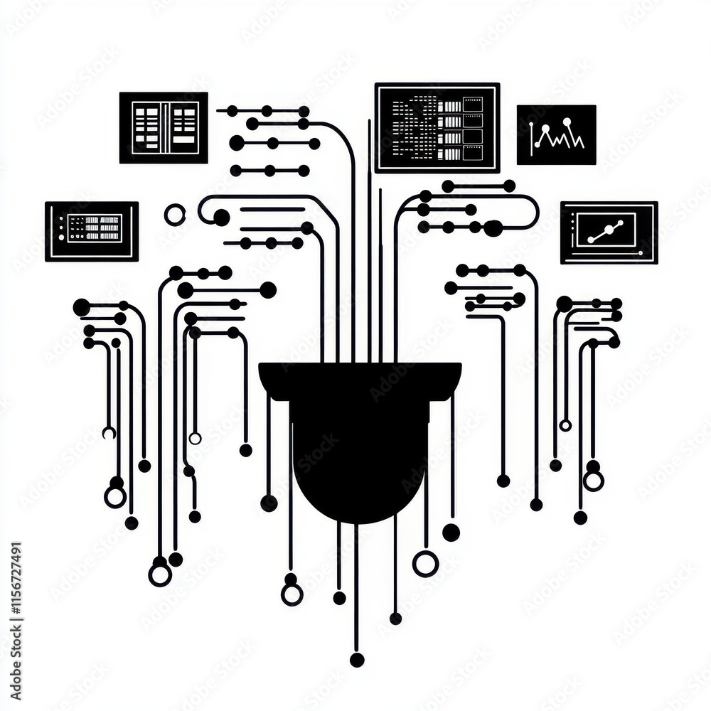 Poster abstract black and white illustration depicting a data hub with connected information panels and dat