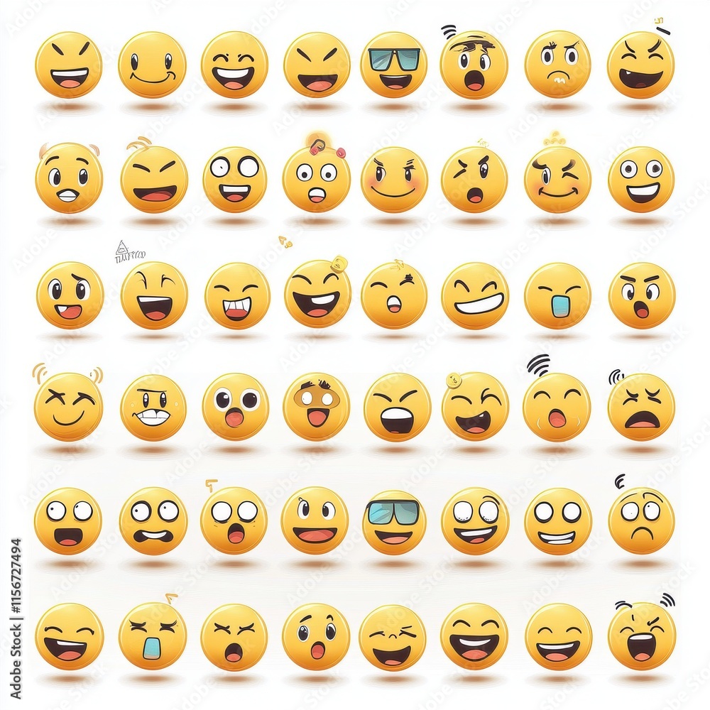 Poster a vibrant collection of various yellow emojis displaying a range of emotions and expressions.