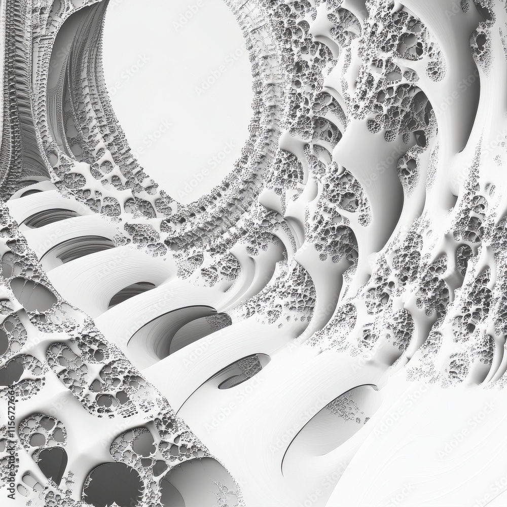 Poster intricate white fractal structure showcasing an abstract design with complex patterns and shapes.
