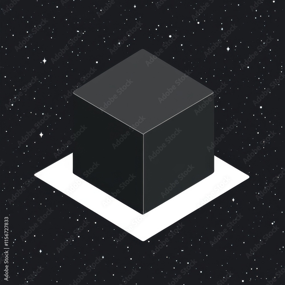 Poster a sleek black cube floating in a starry space background, creating a sense of depth and mystery.