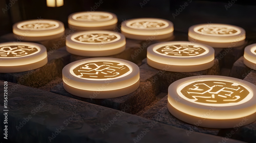 Aufkleber glowing circular arrangement of chinese symbols seamless 3d with clean text placeholder elegant mode