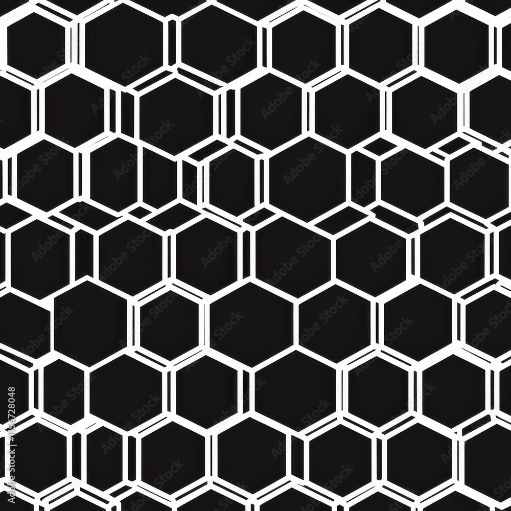 Poster a striking black and white geometric pattern featuring overlapping hexagons.