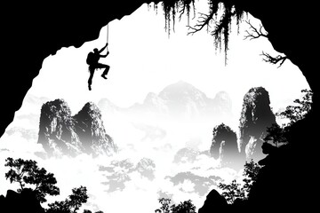A dramatic silhouette of a climber hanging from a cliff's edge, with faint abstract mountains and soft gradient skies emphasizing determination and courage. 