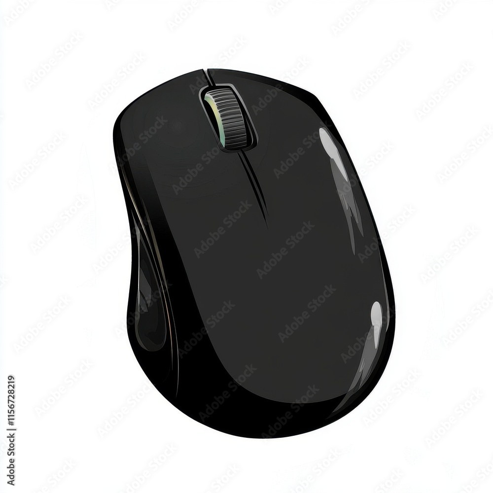 Poster sleek black computer mouse with glossy finish and scroll wheel, designed for modern tech users.