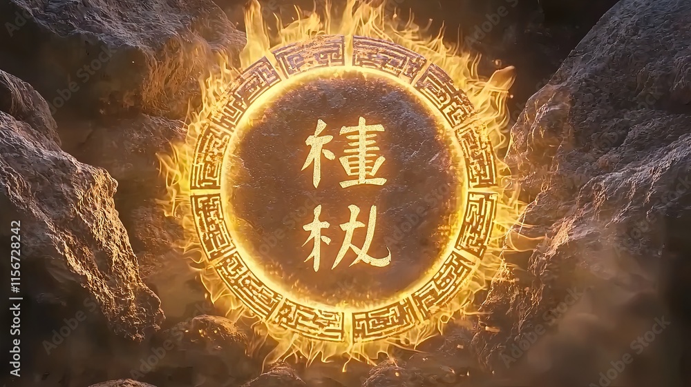 Aufkleber circular arrangement of glowing chinese symbols with a seamless clean text placeholder in a 3d digit
