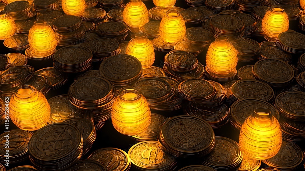 Poster glowing and shimmering 3d featuring abstract patterns of prosperity coins and chinese lanterns with 