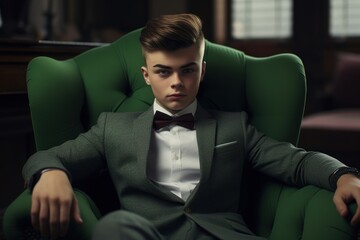A young man in a green suit and bow tie sits in a green chair