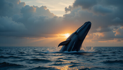 Fototapeta premium A blue whale breaching out of the ocean with water splashing around, under a vibrant sky.
