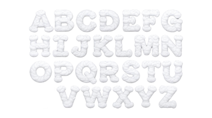 Creative A to Z Alphabet Design Made of Fluffy White Clouds on Transparent Background.