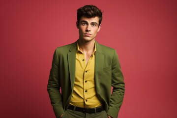 Fototapeta premium A man in a green suit and yellow shirt is standing in front of a red background