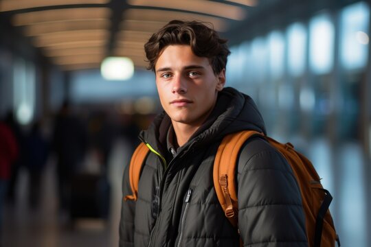 A young man wearing a black coat and a backpack stands in a hallway