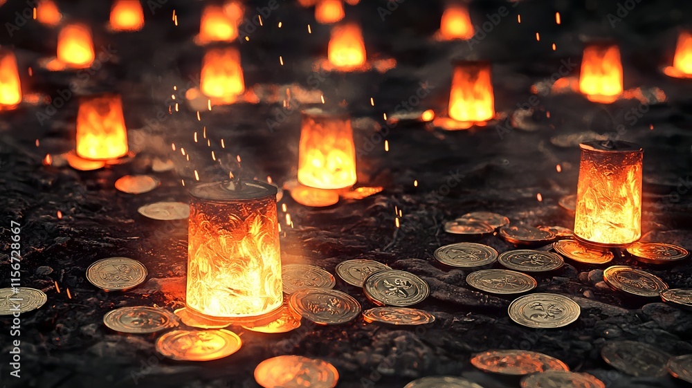 Poster captivating 3d digital featuring an abstract pattern of shimmering prosperity coins and radiant glow