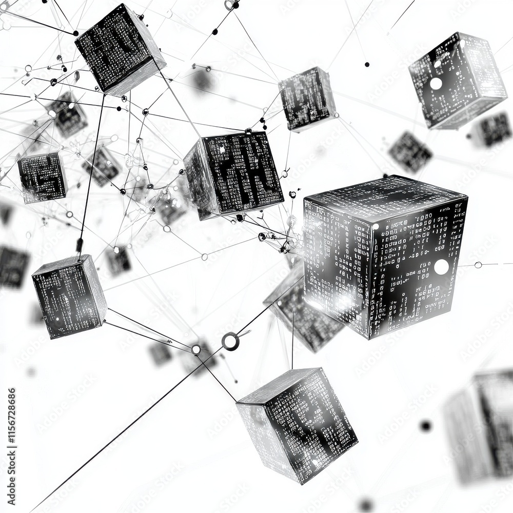 Poster abstract digital cubes connected by lines, representing data flow and technology.