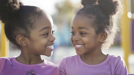 Obraz premium Twins communicating with each other through gestures and expressions, showcasing the deep bond and understanding between siblings. The scene emphasizes the unique connection and non-verbal communicati